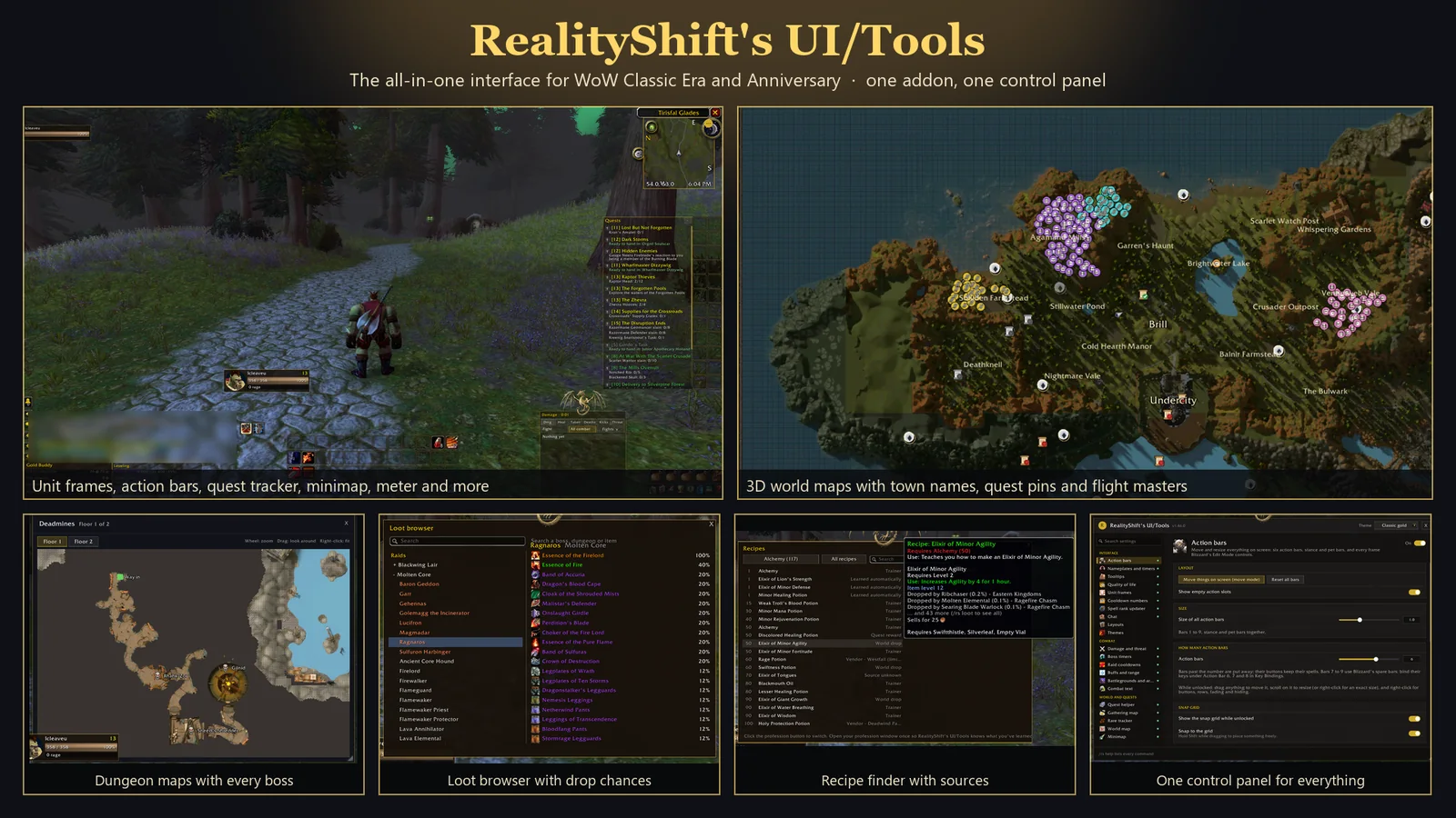 Screenshots of RealityShift's UI/Tools: unit frames, action bars and quest tracker in the game, a 3D world map with quest pins, a dungeon map, the loot browser, the recipe finder and the control panel.